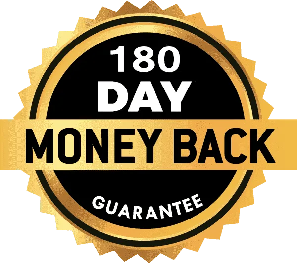 Gold and black 180-day money-back guarantee badge for Ignitra supplement