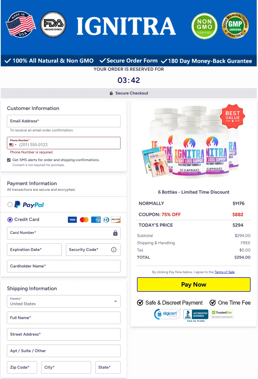 Ignitra secure checkout page showing 6-bottle bundle with 2 free ebooks for $294, including PayPal and credit card payment options, shipping form, and a Pay Now button